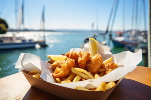 Traditional fish and chips fast food meal on table with sunny bay with boats in blurry background.