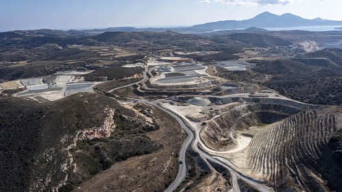 Mineral mining in the mountains near Apollonia, aerial view, Milos, Cyclades, Greece, Europe