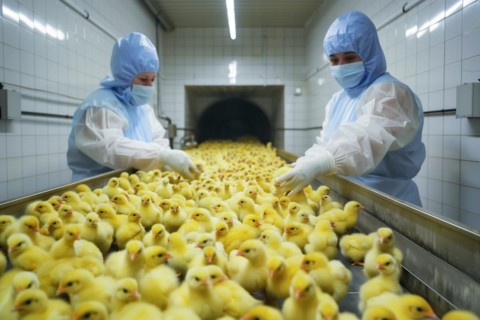 Male chicks on a conveyor belt. In poultry production, chick killing or chick shredding refers to