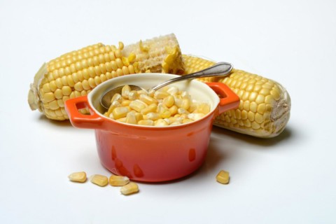 Fresh maize kernels in pots and cobs, corn (Zea mays)