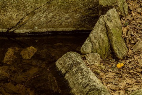 Pool of still water surrounded by large boulders and leaves and stone wall in the background in