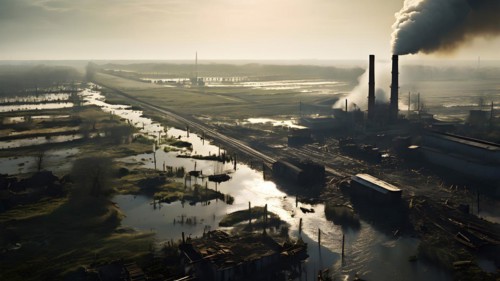 Aerial perspective captures devastated agricultural landscapes immersed in floodwaters, AI
