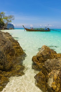 Bamboo Island, boat, wooden boat, longtail boat, bay, sea bay, sea, ocean, Andaman Sea, tropics,