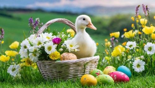 Ai generated, An Easter basket with coloured eggs in a meadow with colourful flowers, in the