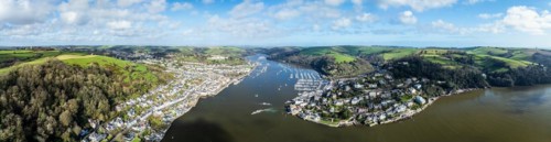 Panorama over Dartmouth and Kingswear over River Dart from a drone, Devon, England, United Kingdom,