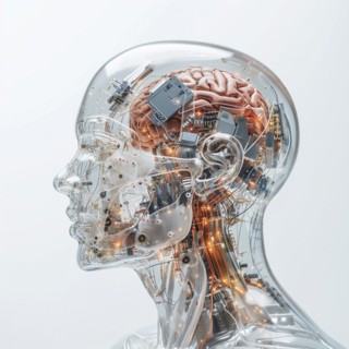 Medical a human head with brain and computer chip, symbol image KI in the human brain, ai