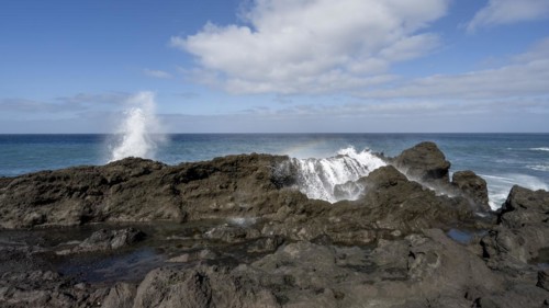 Surf with rainbow, near Los Hervideros, Lanzarote, Canary Islands, Spain, Europe