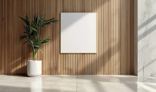 Bright interior space with wood paneling and an empty frame on the wall with a potted plant AI
