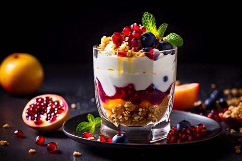 Parfait glass greek yogurt with textured layering visible granola, AI generated