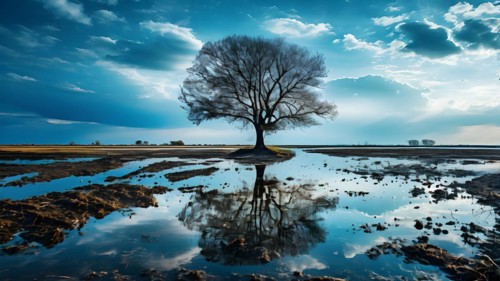 Lonet ree exemplifies resilience surrounded by a vast expanse of a flooded field, AI generated