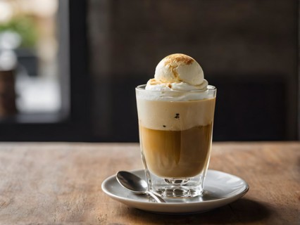 Affogato al caff featuring a scoop of vanilla bean ice cream drowned in a shot of hot espresso, AI