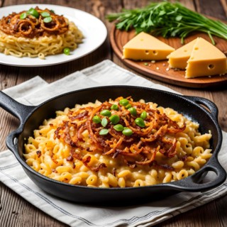 Cheese spaetzle nestled in a cast iron skillet strands of golden cheese, AI generated