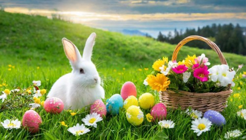 Ai generated, An Easter basket with coloured eggs in a meadow with colourful flowers, in the basket