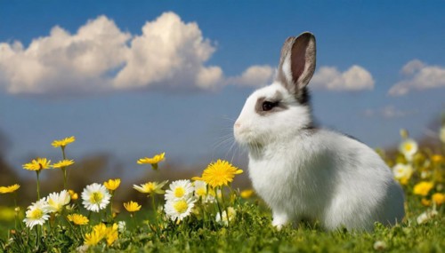 KI generated, A grey and white dwarf rabbit in a meadow with white and yellow flowers, spring, side