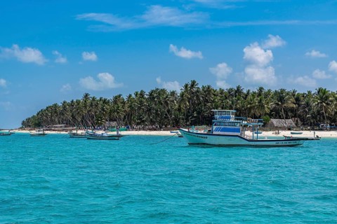 Little boats before a palm fringed white sand beach, Agatti Island, Lakshadweep archipelago, Union