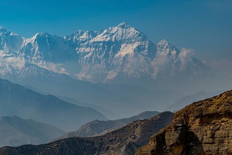 Desert landscape before the Annapurna mountain range, Kingdom of Mustang, Nepal, Asia