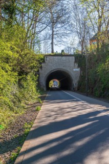 Sunlit tunnel at the end of an empty street surrounded by greenery, cycle path, Nordbahntrasse,