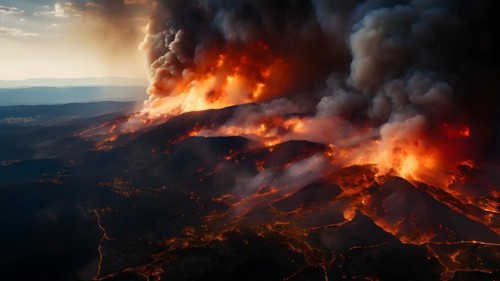 Satellite image wildfires ablaze varying intensities smoke plumes billowing, AI generated