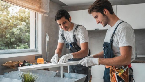 Ki generated, Two young men assemble furniture, DIY, wear gloves to protect hands from splinters