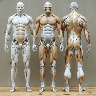 Three different views of anatomical models for visualising the human musculature, AI generated, AI