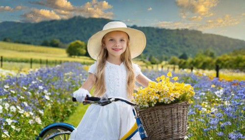 KI generated, A blonde girl rides her bike and enjoys the summer in a meadow with many flowers,
