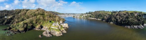 Panorama of Dartmouth Castle over River Dart from a drone, Dartmouth, Kingswear, Devon, England,