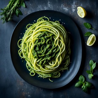 Spiralized zucchini noodles garnished with homemade pesto, AI generated
