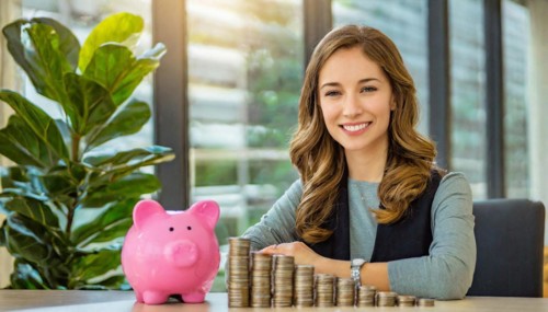 AI generated, A young woman, 20, 25, years, saves money and coins for the future, provision, nest