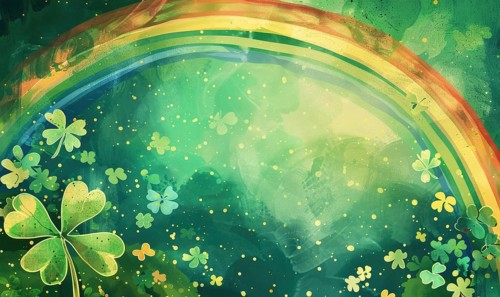 Artistic representation of a rainbow amidst clovers with a magical feel AI generated