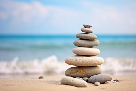 Meditation stacking stones at beach. KI generiert, generiert AI generated