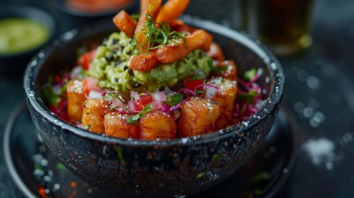 Tasty Mexican snack with seasoned fries topped with guacamole and pico de gallo, ai generated, AI