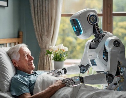 A smiling elderly man interacts with a care robot in a bright room, AI generated, AI generated