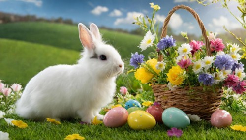 Ai generated, An Easter basket with coloured eggs in a meadow with colourful flowers, in the basket