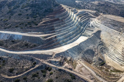 Mineral mining in the mountains near Apollonia, aerial view, Milos, Cyclades, Greece, Europe
