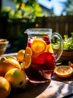 Homemade sangria pitcher brimming with sliced oranges lemons and apples, AI generated