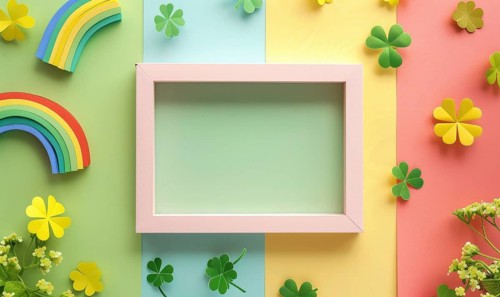 Paper art style with vibrant colors featuring a rainbow and clovers in a frame AI generated