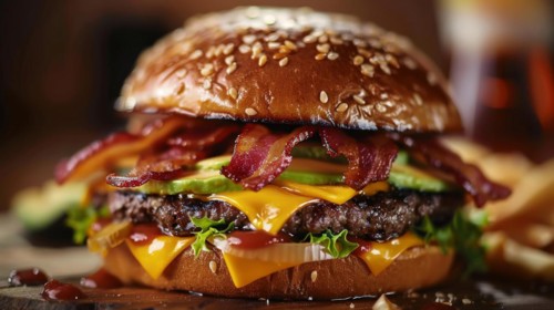 Juicy cheeseburger with crispy bacon, melted cheese, and fresh lettuce on a sesame seed bun, ai