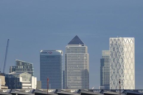 Canary Wharf office blocks and skyscaper skyline, City of London, England, United Kingdom, Europe