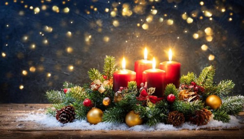 Ai generated, Advent wreath with burning candles, Christmas season, Christmas decoration, 4th