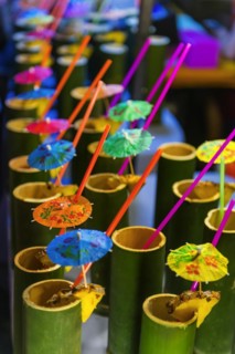 Cocktails in bamboo tubes at the evening market of Krabi, drink, colourful, colourful, decoration,