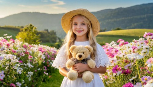 Ai generated, A blonde girl, 8 years old, enjoys the summer in a meadow with lots of flowers and is