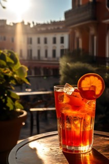 Aperol spritz radiating bright and bubbly charm glass positioned on a sunlit terrace table, AI