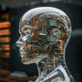 Medical a human head with brain and computer chip, symbol image KI in the human brain, ai