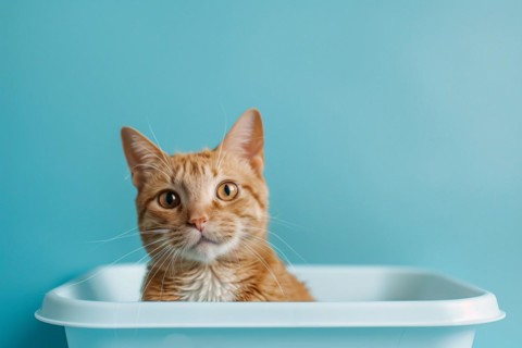 Domestic cat sitting in white litter box on blue studio background. KI generiert, generiert AI