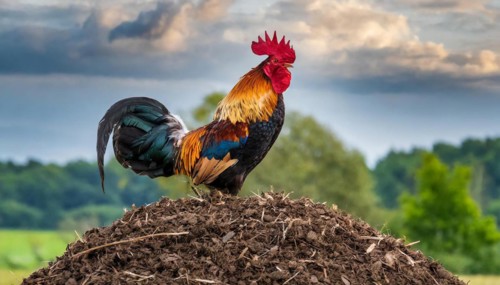 KI generated, A beautiful rooster stands on a dung heap, farmyard, (Gallus gallus domesticus)