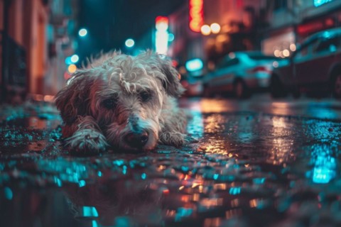 An abandoned, stray, young mixed-breed dog lies on a wet road at night and looks sad, AI generated,