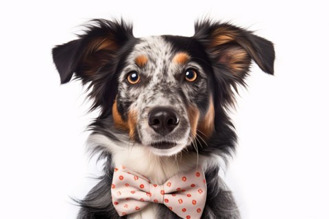 Portrait of Australian Shepherd dog with bowtie on white background. KI generiert, generiert AI