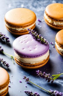 Gourmet ice cream sandwich with french macarons lavender honey ice cream, AI generated