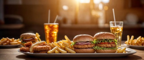 An array of delicious burgers, fries, chicken, beer, and soda on a wooden counter, wide horizontal