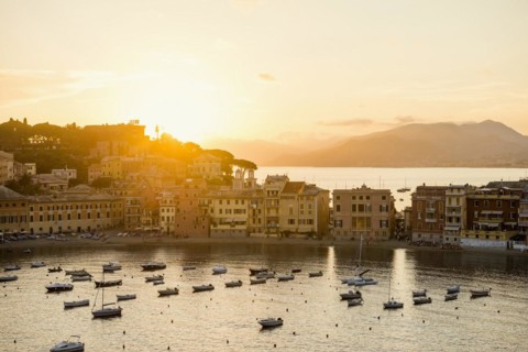 Village with colourful houses by the sea, sunset, Baia del Silenzio, Sestri Levante, Province of